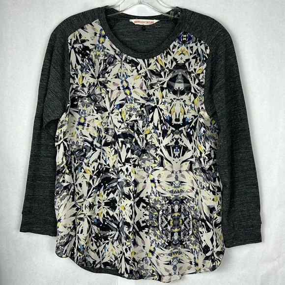 Rebecca Taylor Silk Diamond Print Baseball Tee 3/4 Sleeve Size 8 Crewneck Relax - Picture 4 of 10